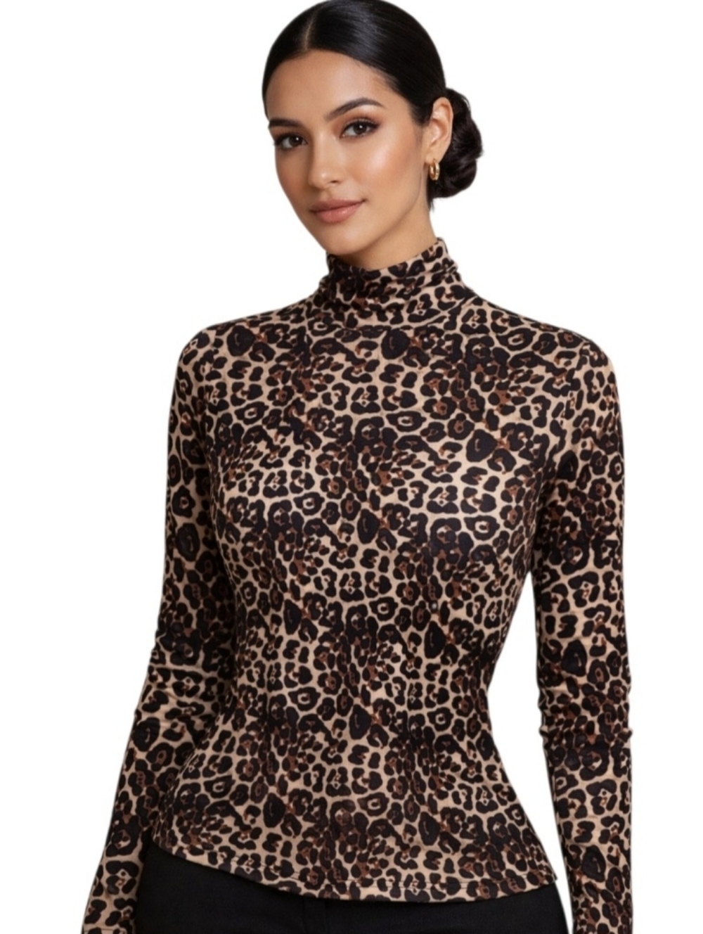 Boutique Leopard-Print Mock Neck Top - Brown/Black. Size M.